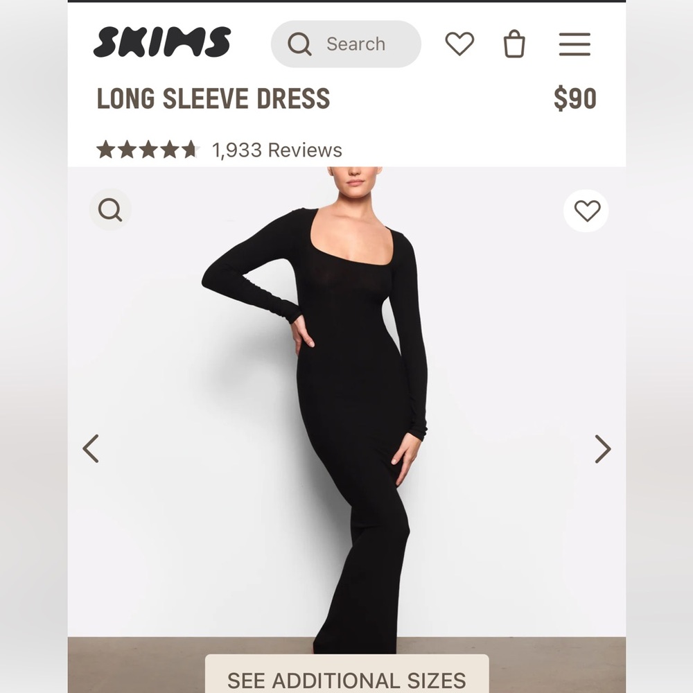 Skims black long sleeved dress - size small